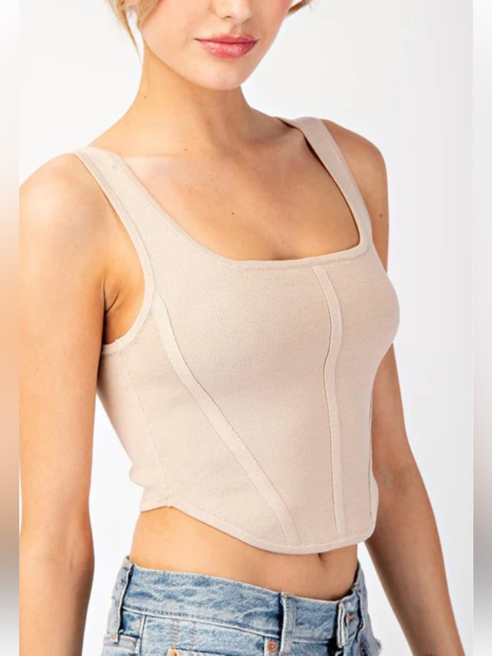 Beige Square Neck Ribbed Cropped Tank Top